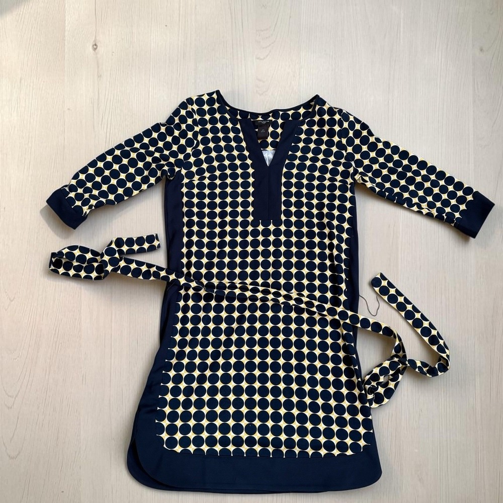 Ann Taylor Petite Navy Blue Yellow Geometric Dot Split Neck Belted Dress SP